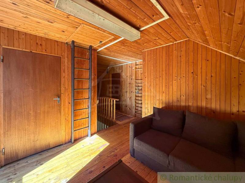 A fahatású burkolatokkal és padlóval rendelkező házikó belseje, kanapéval és létrával.