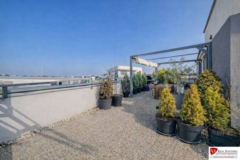 A Dunaszerdahelyi Diófa utcai 2 szobás lakás tetőterasza növényekkel cserépben.