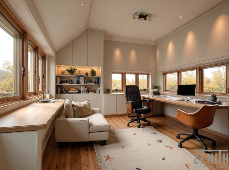 Iroda fa dekoros padlóval, nagy ablakokkal, polccal és fotelekkel.