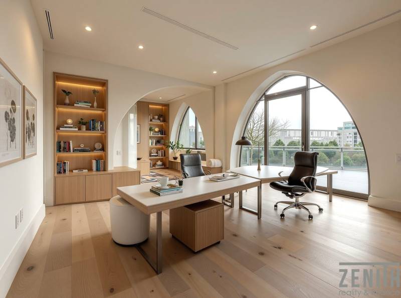 Üzlethelyiség polcokkal, modern bútorokkal és fa dekorációjú padlóval.