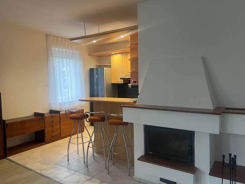 Konyha családi házban bárral, kandallóval, fa dekorációval és bútorokkal.