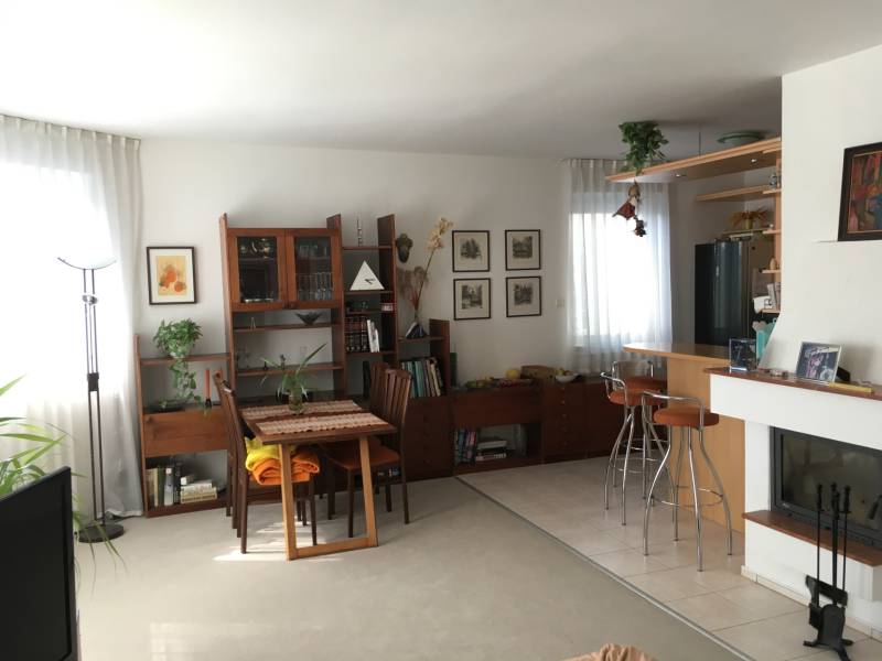 Nappali sötét fa bútorokkal és kandallóval egy családi házban.