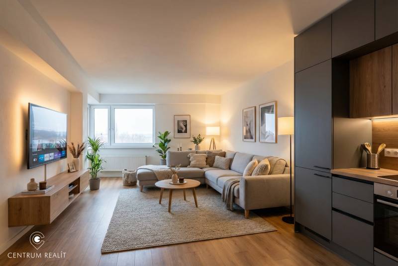 Nappali egy kétszobás lakásban, fa mintázatú padlóval, szürke kanapéval és TV-vel.