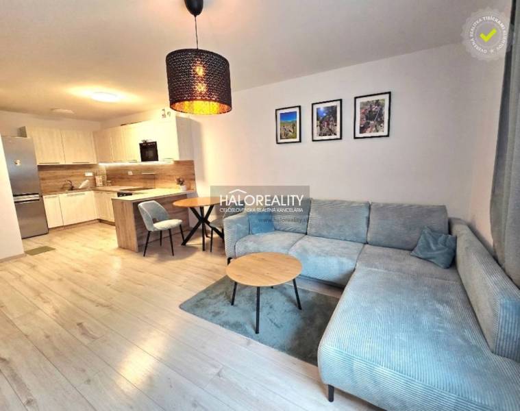 Nappali egy kétszobás lakásban konyhasarokkal és fa dekorációjú padlóval.