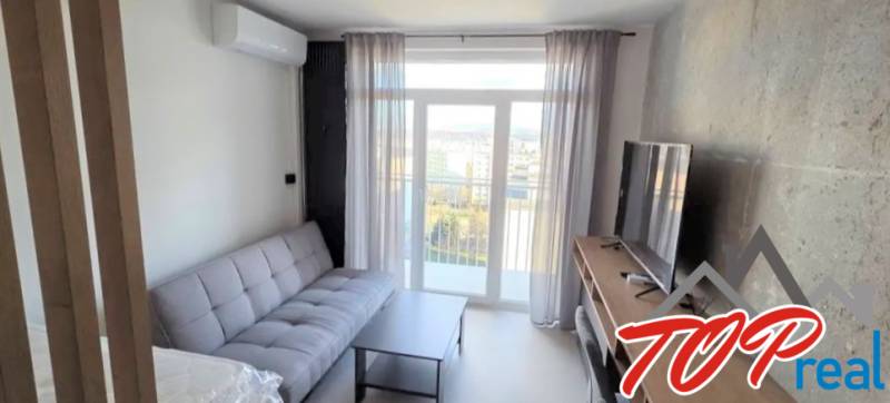 Garzonlakás kanapéval, televízióval és asztallal, fa dekorációjú padlóval, világos függönyökkel.