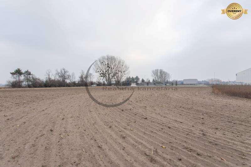 Kereskedelmi telkek a Zohor-i Ipari utcában, mezővel és fákkal.