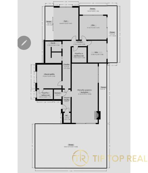 Pôdorys 5 a viac izbového bytu s terasou, gymom a šatníkom.

Ötszobás vagy több szobás lakás alaprajza terasszal, edzőteremmel és gardróbbal.