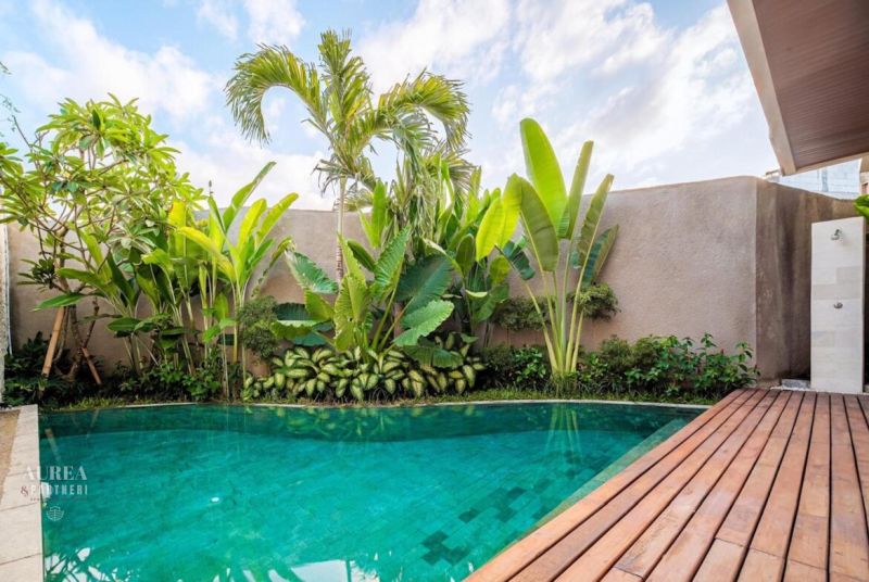 Villa Balin medencével, zölddel körülvéve és zuhanyzóval a fa teraszon.