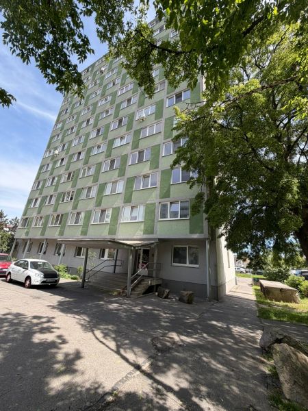 Zöldövezet és panelház Pozsony-Petržalkán, alkalmas garzonlakásban való lakhatásra.