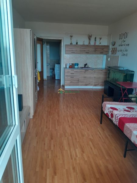 Garzonlakás fa dekor padlóval, konyhapulttal és egy akváriummal a sarokban.