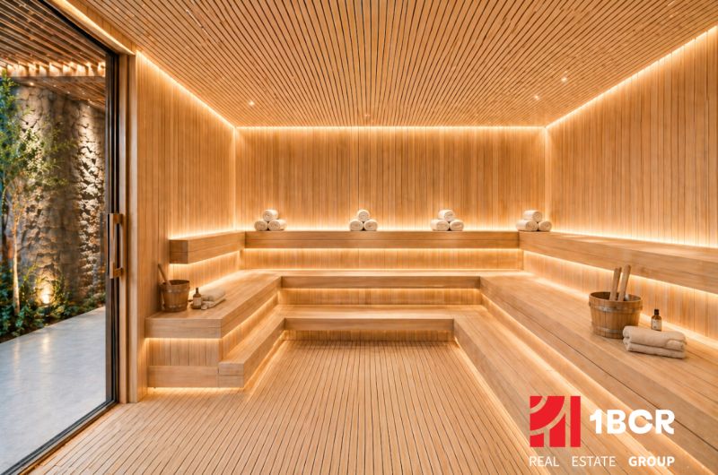 Luxusos szauna belső tér fa dekorációval és relaxációs atmoszférával a lakások építése során.