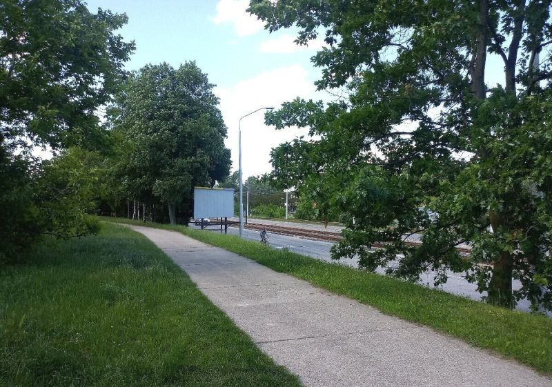 A zölddel szegélyezett járda a pozsonyi Karlova Ves mellett halad.