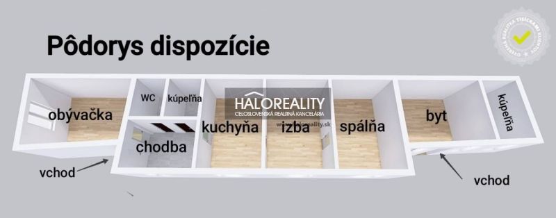 Családi ház alaprajza Malackán nappalival, konyhával és hálószobával.