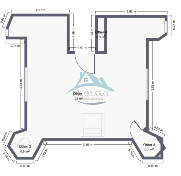 A 21 m²-es, négy fülkével rendelkező iroda alaprajza a házikóban.