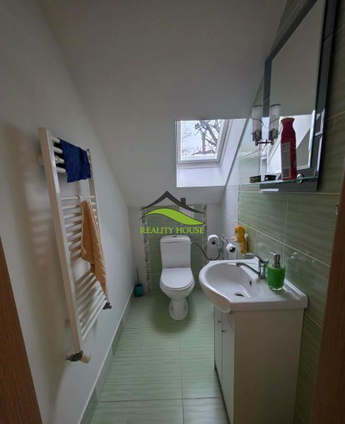 Fürdőszoba családi házban tetőablakkal és zöld csempékkel.