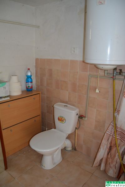 Fürdőszoba családi házban WC-vel, bútorral, palackkal és vízmelegítővel.