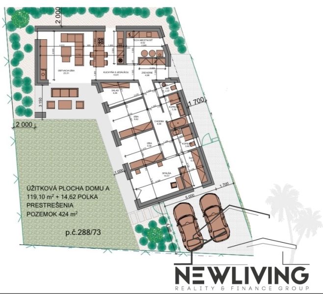 Családi ház alaprajza 119,10 m²-es területtel egy 424 m²-es telken.