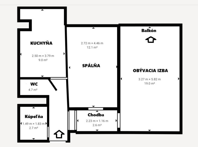 2 szobás lakás alaprajza konyhával, nappalival és erkéllyel.