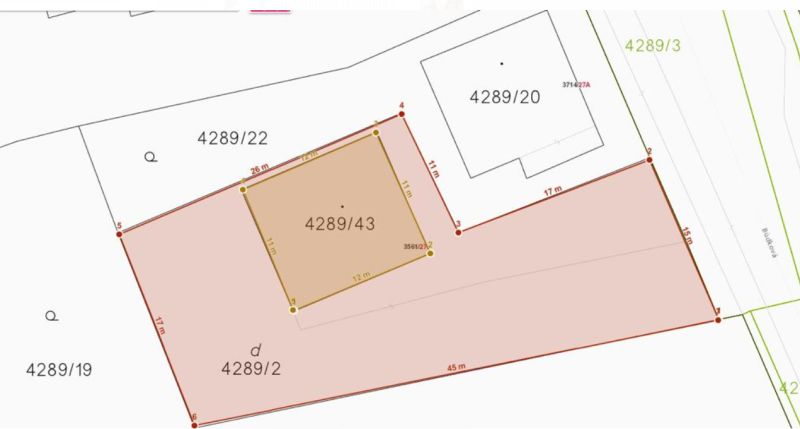 Kataszteri térkép a 4289/43 és 4289/2-es parcellákkal a Búdková utcában, Pozsonyban.