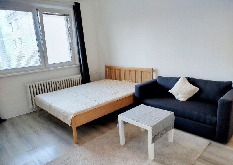 Egy szobás lakás ággyal, kanapéval és asztallal; fa dekorációjú padló.
