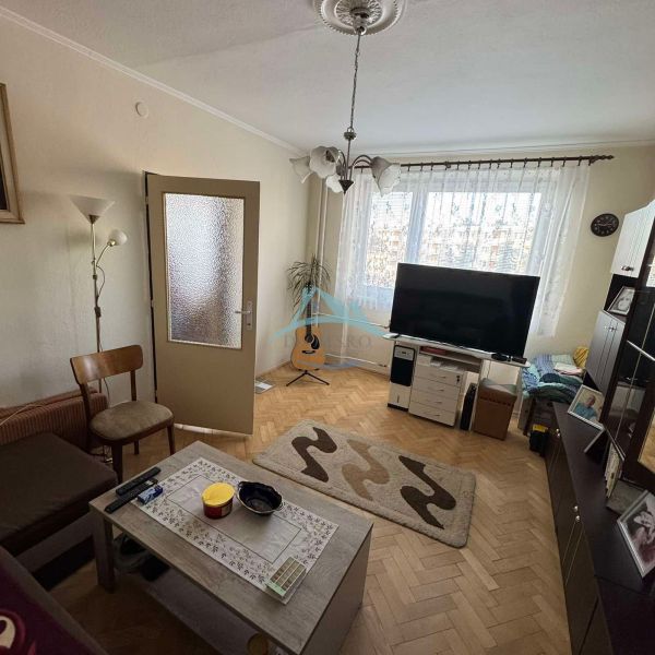 Nappali televízióval és fa mintás padlóval egy egyszobás lakásban.