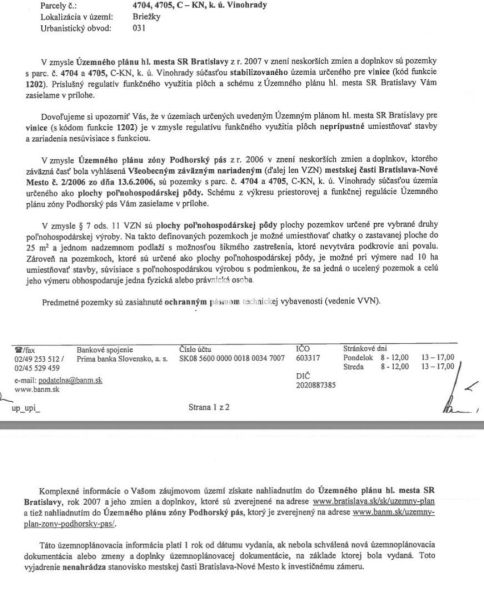 Dokumentum a Pozsonyi Szőlőhegyek területére vonatkozó területrendezési tervről, amelynek funkciója a szőlőültetvények számára van meghatározva.
