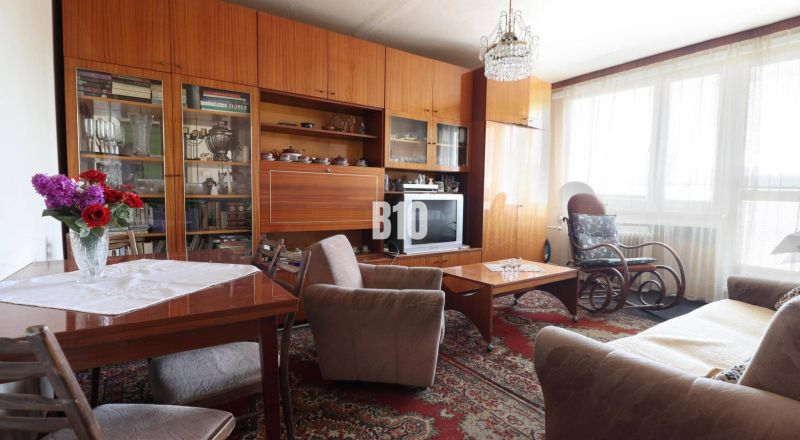 Nappali egy háromszobás lakásban retro bútorokkal, szőnyeggel és virágokkal az asztalon.