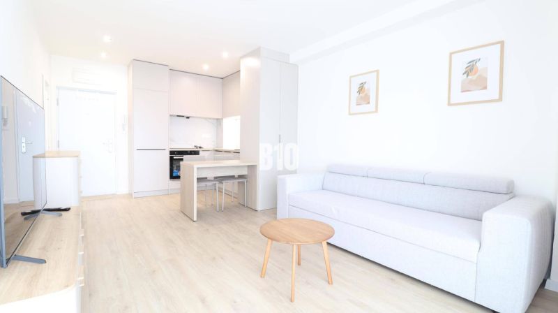Nappali egy egyszobás lakásban, fa dekor padlóval és világos bútorokkal.
