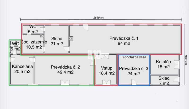 Az üzlethelyiségek alaprajza raktárakkal, irodával és különböző üzletekkel.