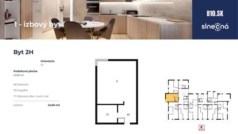 **1 szobás lakás** konyhával, fürdőszobával és előszobával. Padlófelület 42,66 m².