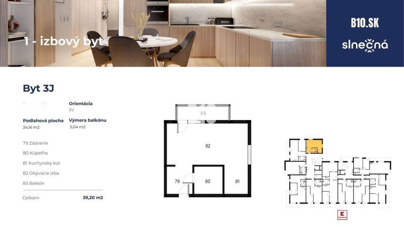 1 szobás lakás fürdőszobával, konyhasarokkal, nappalival és erkéllyel, teljes terület 39,20 m².