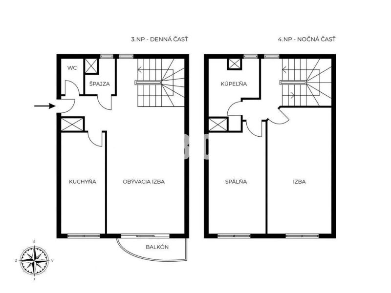 3 szobás lakás alaprajza lépcsővel, fürdőszobával és erkéllyel két szinten.