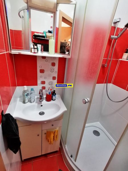 Fürdőszoba piros csempékkel, zuhanyzóval és mosdóval egy egyszobás lakásban.