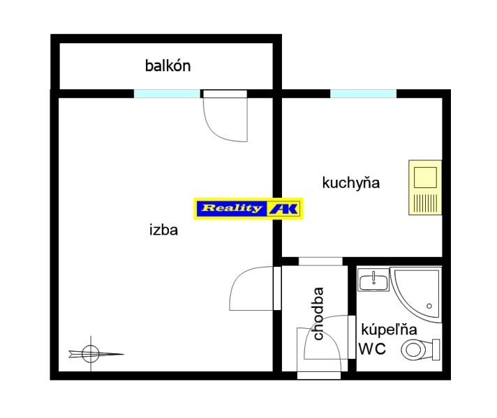 Egyszobás lakás alaprajza a következő helyiségekkel: szoba, konyha, erkély, fürdőszoba, WC.