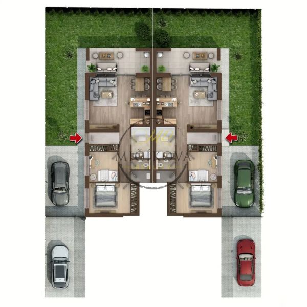 3 szobás lakás alaprajza két parkolóhellyel és kerttel Tomášikovóban.