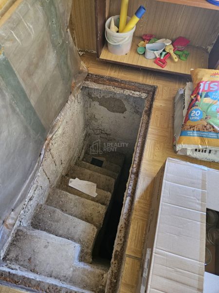 Betonlépcsők a pincébe vezető házikóban, körülvéve tárolt tárgyakkal.