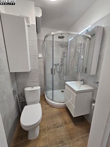 Fürdőszoba a garzonlakásban modern zuhanyzóval, mosdóval, WC-vel és fa mintázatú padlóval.