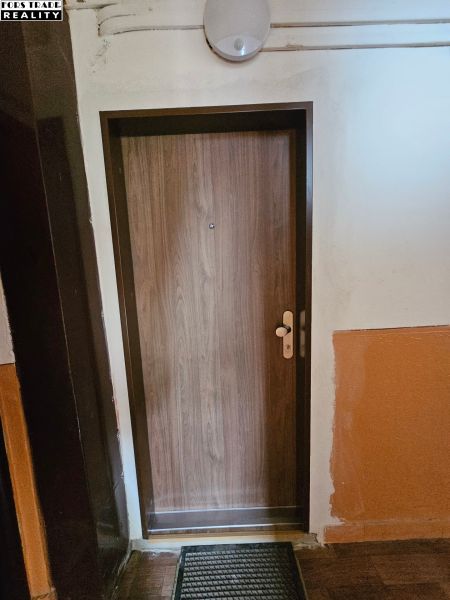 Bejárati ajtó fa dekorációval és fekete lábtörlővel, garzonlakás.