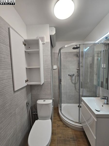 Fürdőszoba WC-vel, zuhanyzóval és szekrénnyel a garzonlakásban, fa mintázatú padlóval.