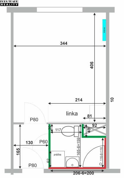 Garzonlakás alaprajza konyhával és fürdőszobával, amely mosógépet és WC-t tartalmaz.