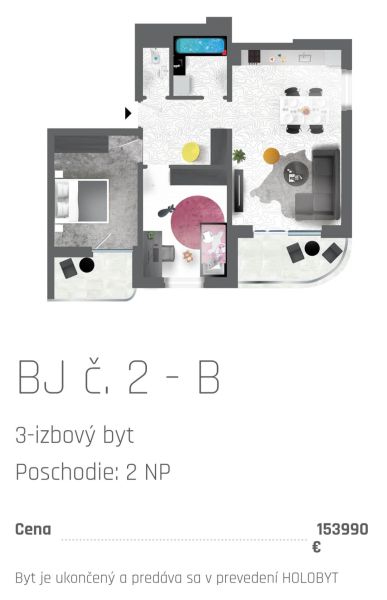 3 szobás lakás alaprajza berendezéssel, konyhával, nappalival és fürdőszobával.
