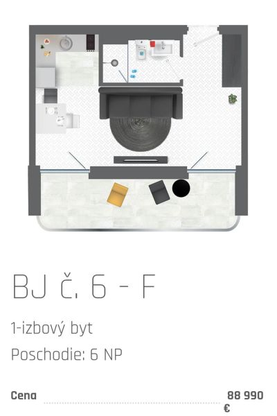 Az alaprajz egy 1 szobás lakás berendezéssel a 6. emeleten, ára 88 990 €.