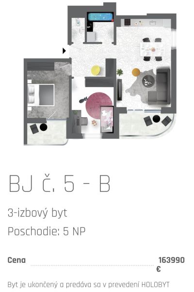 3 szobás lakás alaprajza modern bútorokkal és felszereléssel, ára 163990 €.