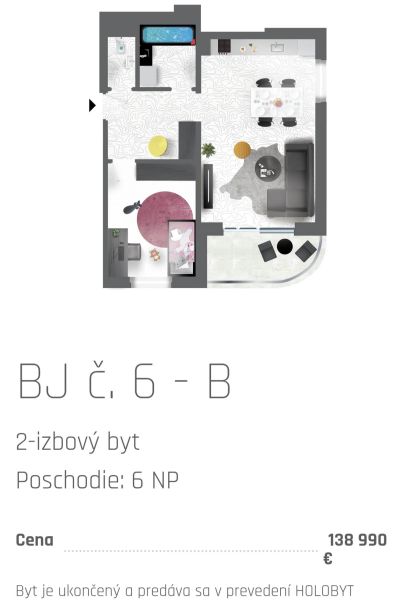 2 szobás lakás alaprajza konyhával, nappalival, fürdőszobával és erkéllyel.