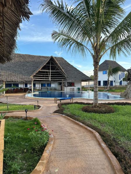 Családi ház Zanzibáron medencével és pálmafával a kertben.