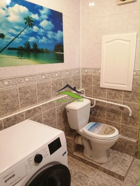 Fürdőszoba WC-vel és mosógéppel egy háromszobás lakásban, dekoratív kép a falon.