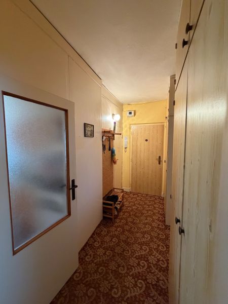 A beépített szekrényekkel és szőnyegpadlóval ellátott kétszobás lakás folyosója.