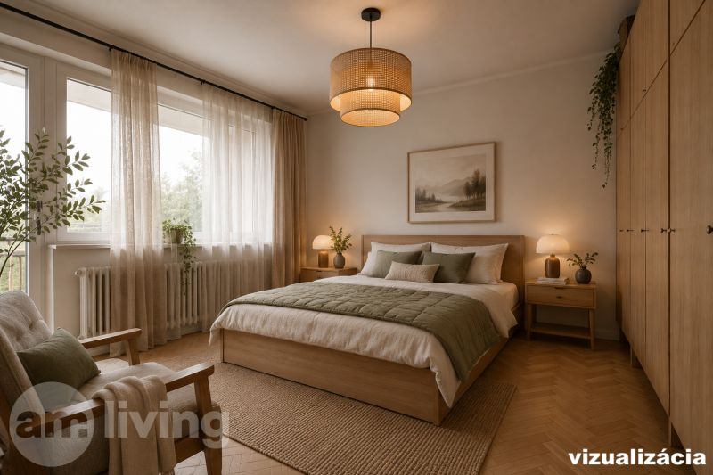 Hálószoba kényelmes ággyal, székkel és fa dekorációjú padlóval egy háromszobás lakásban.