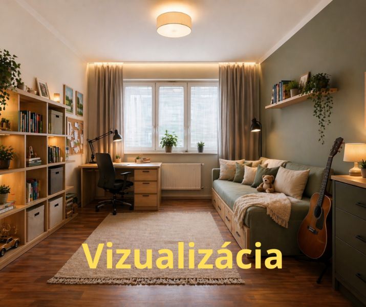 Egy szoba fa mintázatú padlóval, kanapéval, íróasztallal és növényekkel egy 4 szobás lakásban.