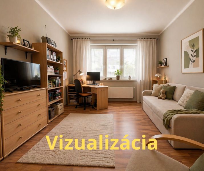 Nappali egy 4 szobás lakásban fa dekoros padlóval és kényelmes kanapéval.